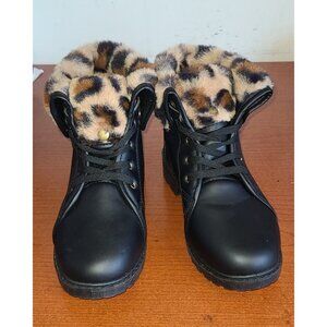 Olivia Miller Girl's Ankle Boots Sz.3 Shoes Faux Leopard Print Fur Lace-Up Great
